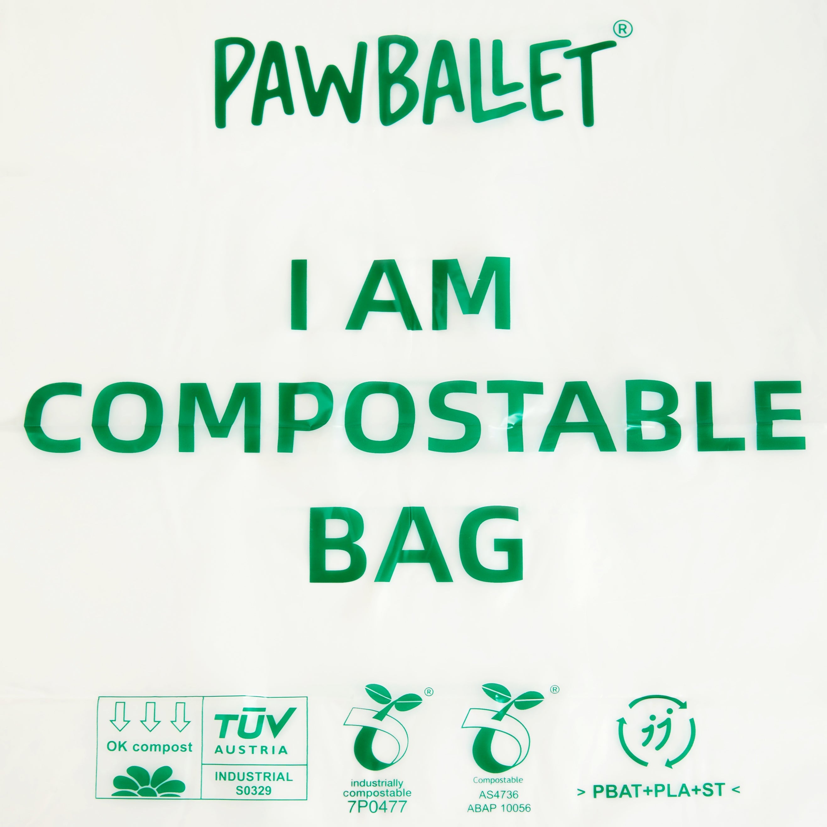 Compostable bag label with Pawballet branding and certification logos on a white background