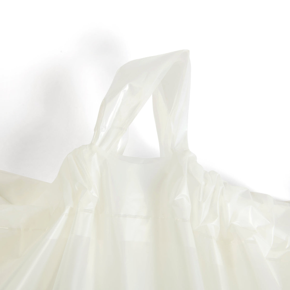 Clear plastic bag with green text on a white background