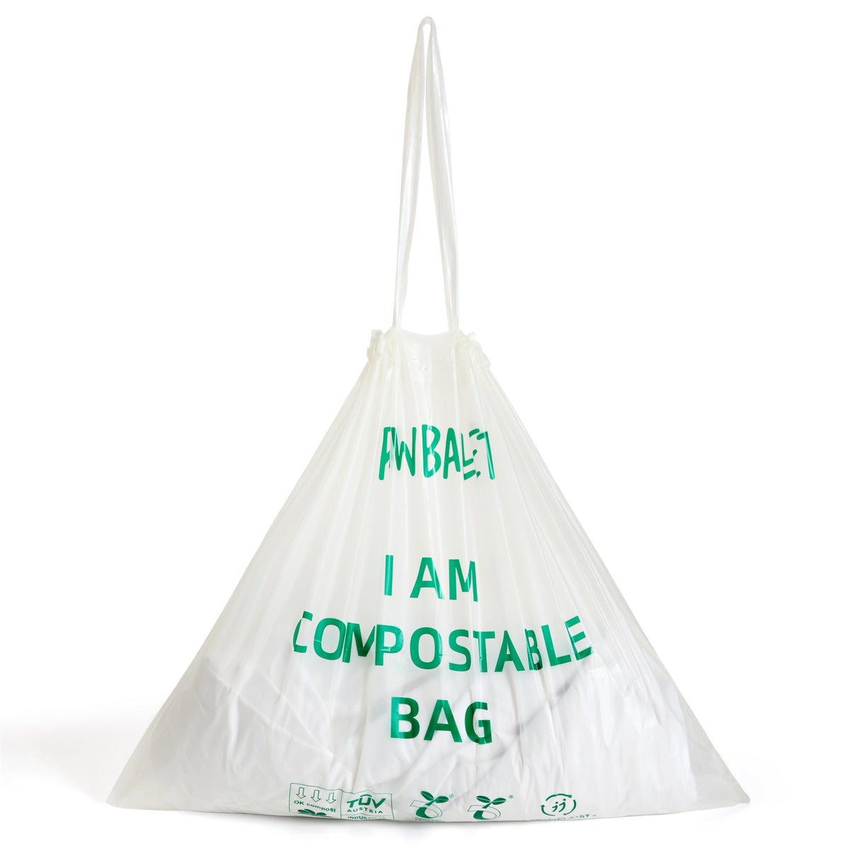 Compostable bag with text on a white background