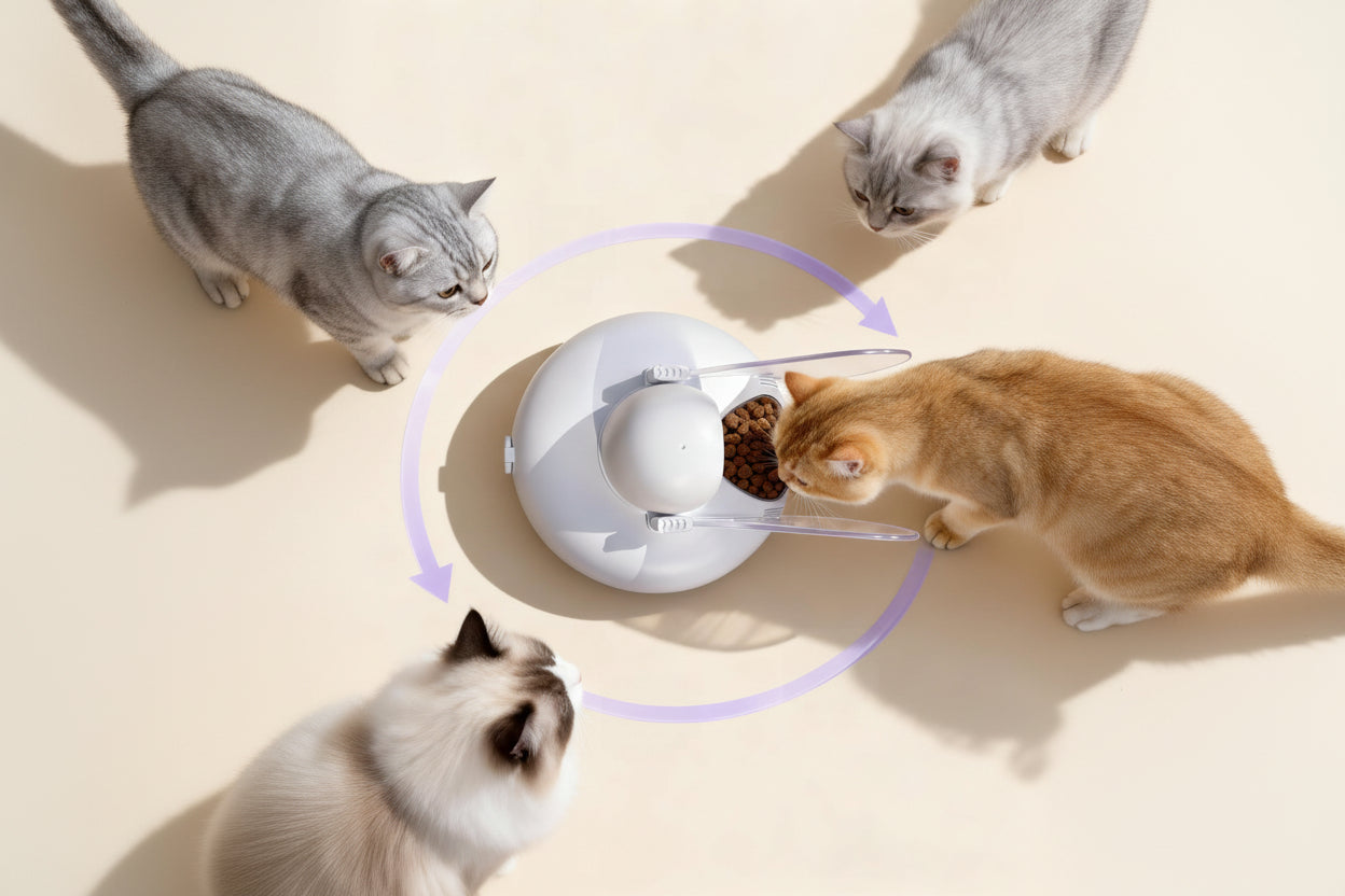 Pet Feeder with cats around it on a beige background